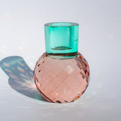 Faceted Ball and Cylinder Crystal Candleholder - Amber/Petrol