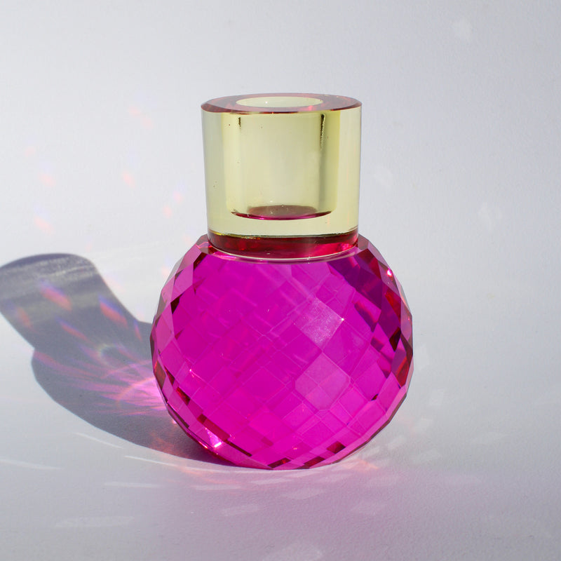 Faceted Ball and Cylinder Crystal Candleholder - Hot Pink/Butter
