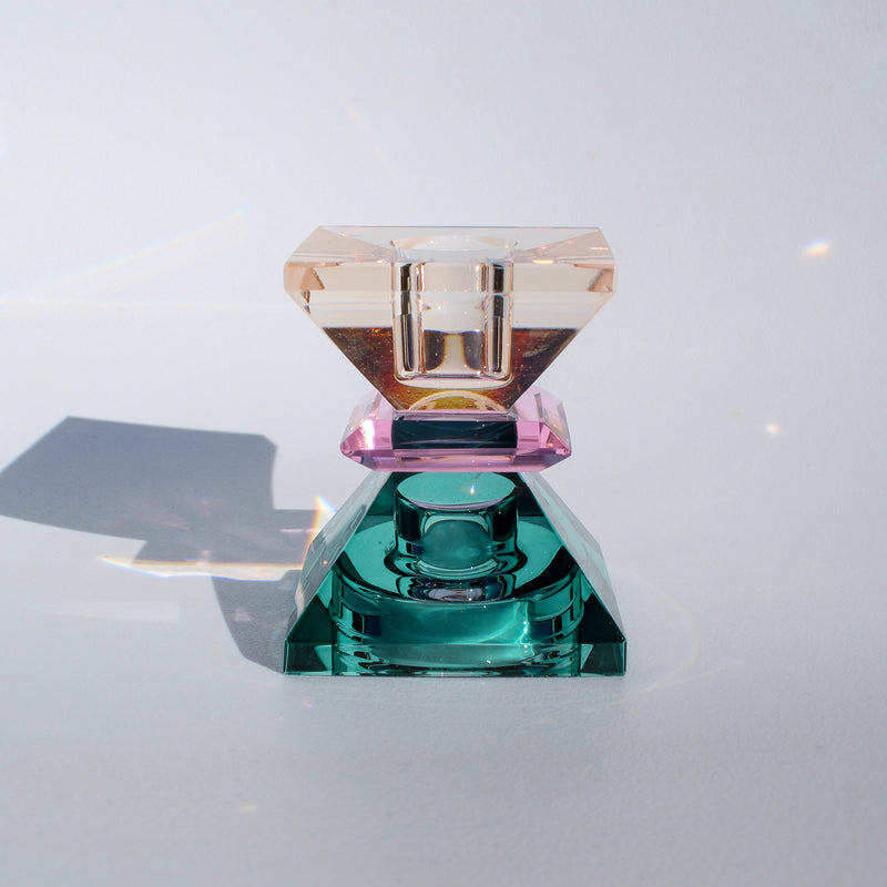 Double Triangle Crystal Candleholder - Petrol/Pink/Peach