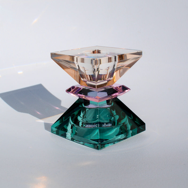 Double Triangle Crystal Candleholder - Petrol/Pink/Peach