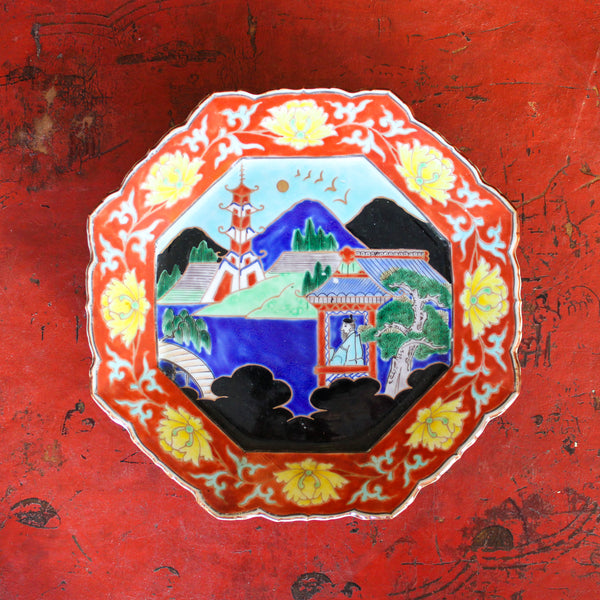 Vintage Shaped Japanese Plate with Pagoda Scene