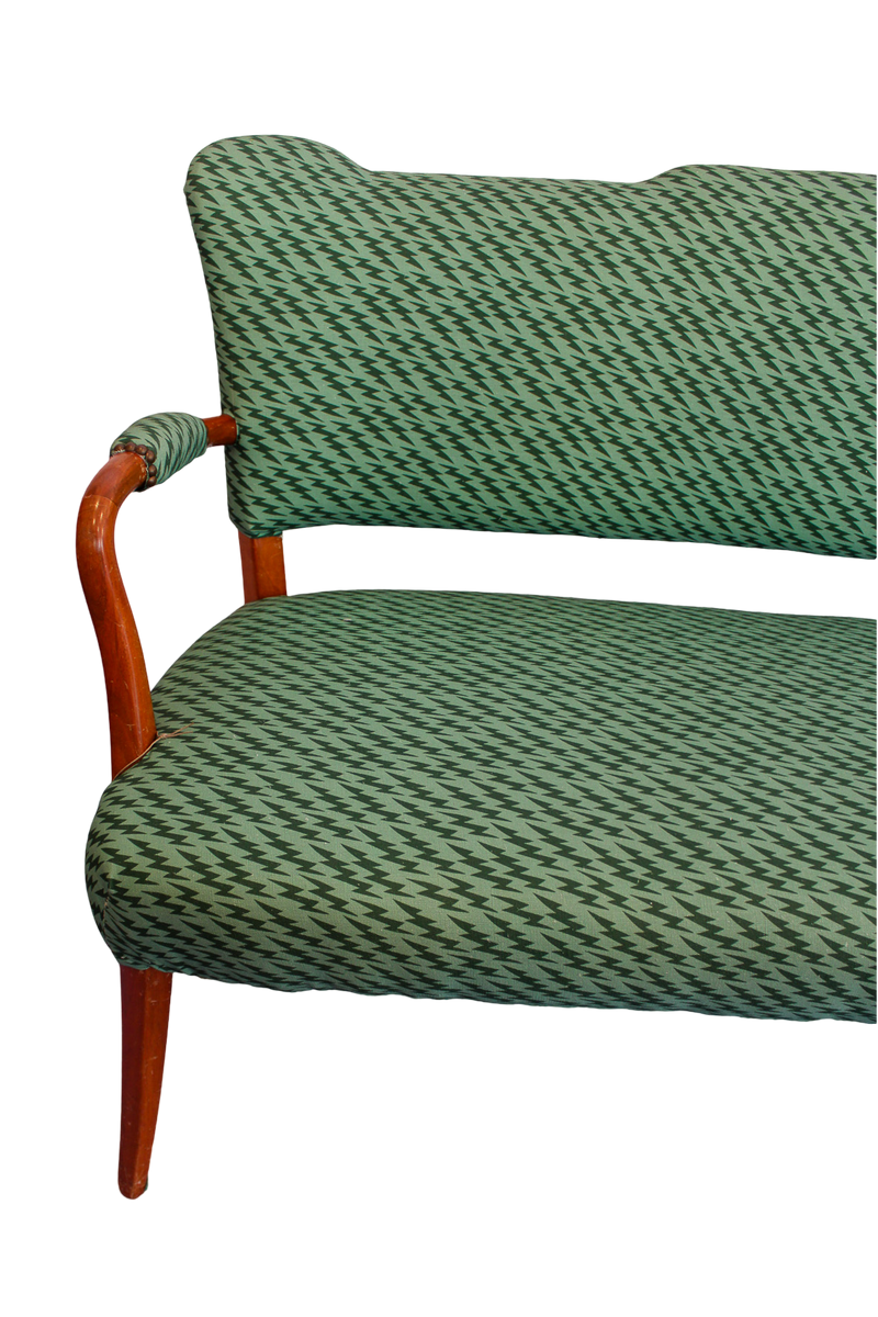 Mid Century Upholstered Settee  - Ottoline Green Lightning Bolt Fabric