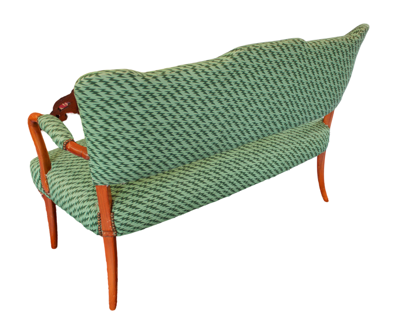 Mid Century Upholstered Settee  - Ottoline Green Lightning Bolt Fabric