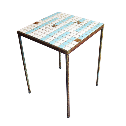 Blue and White Tile Top Mini Side Table
