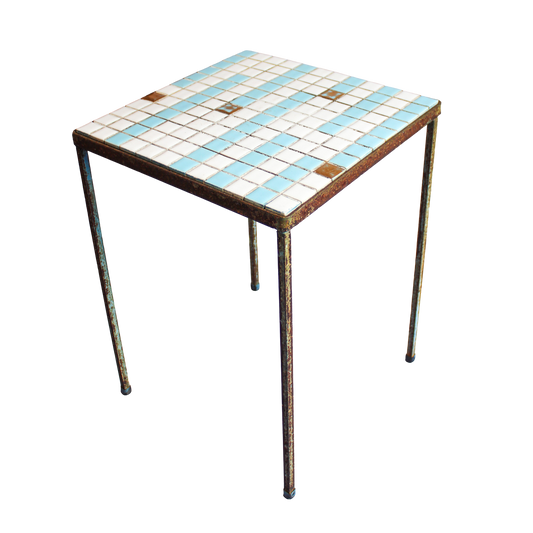 Blue and White Tile Top Mini Side Table