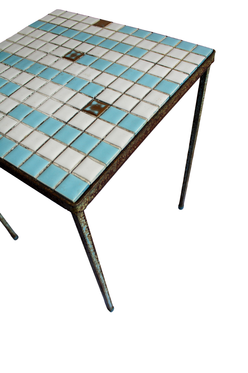 Blue and White Tile Top Mini Side Table