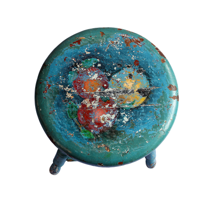 Painted Blue Stool with Fruit & Leaves