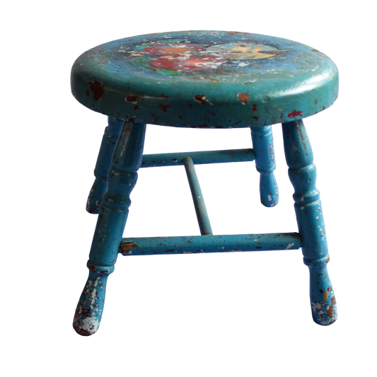 Painted Blue Stool with Fruit & Leaves