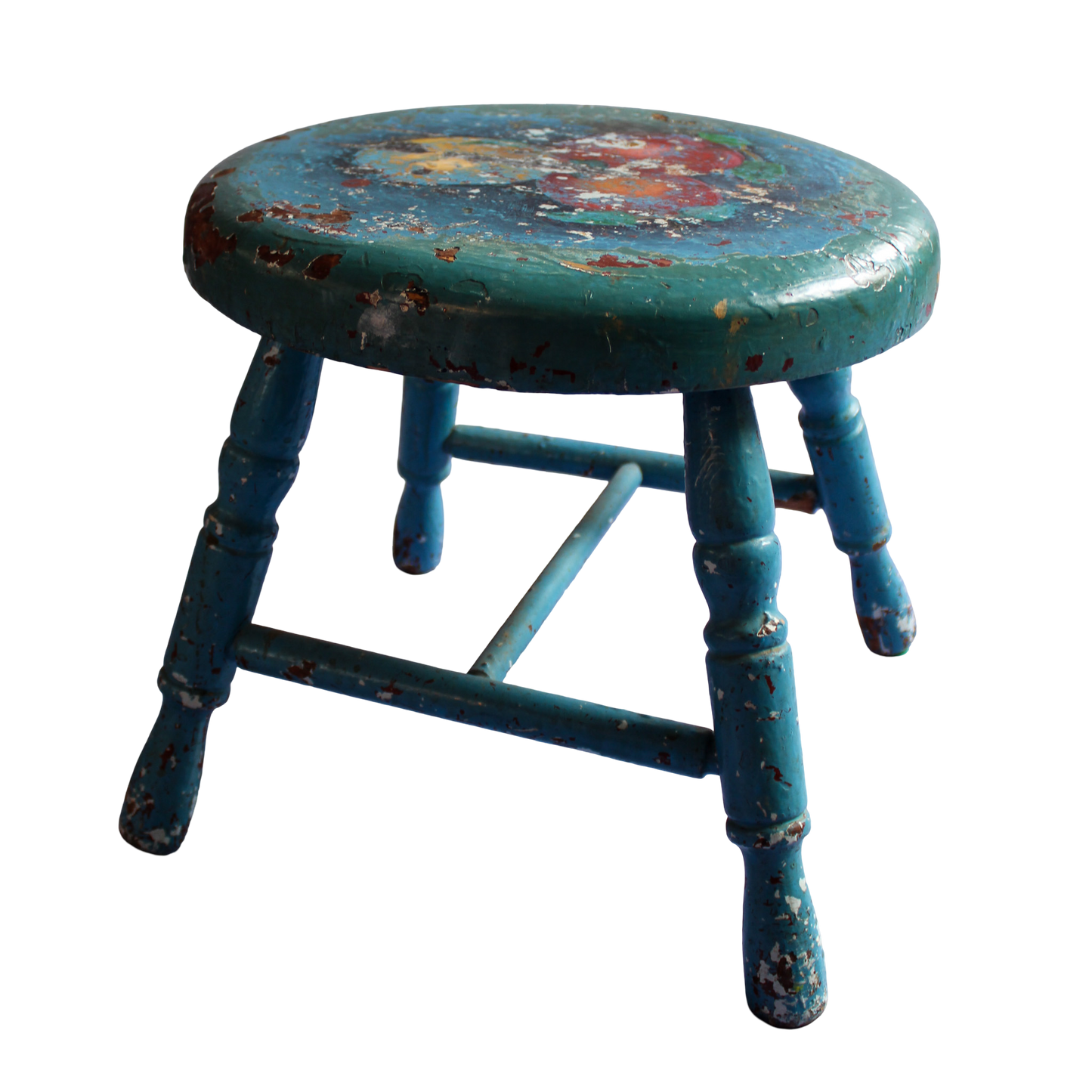 Painted Blue Stool with Fruit & Leaves