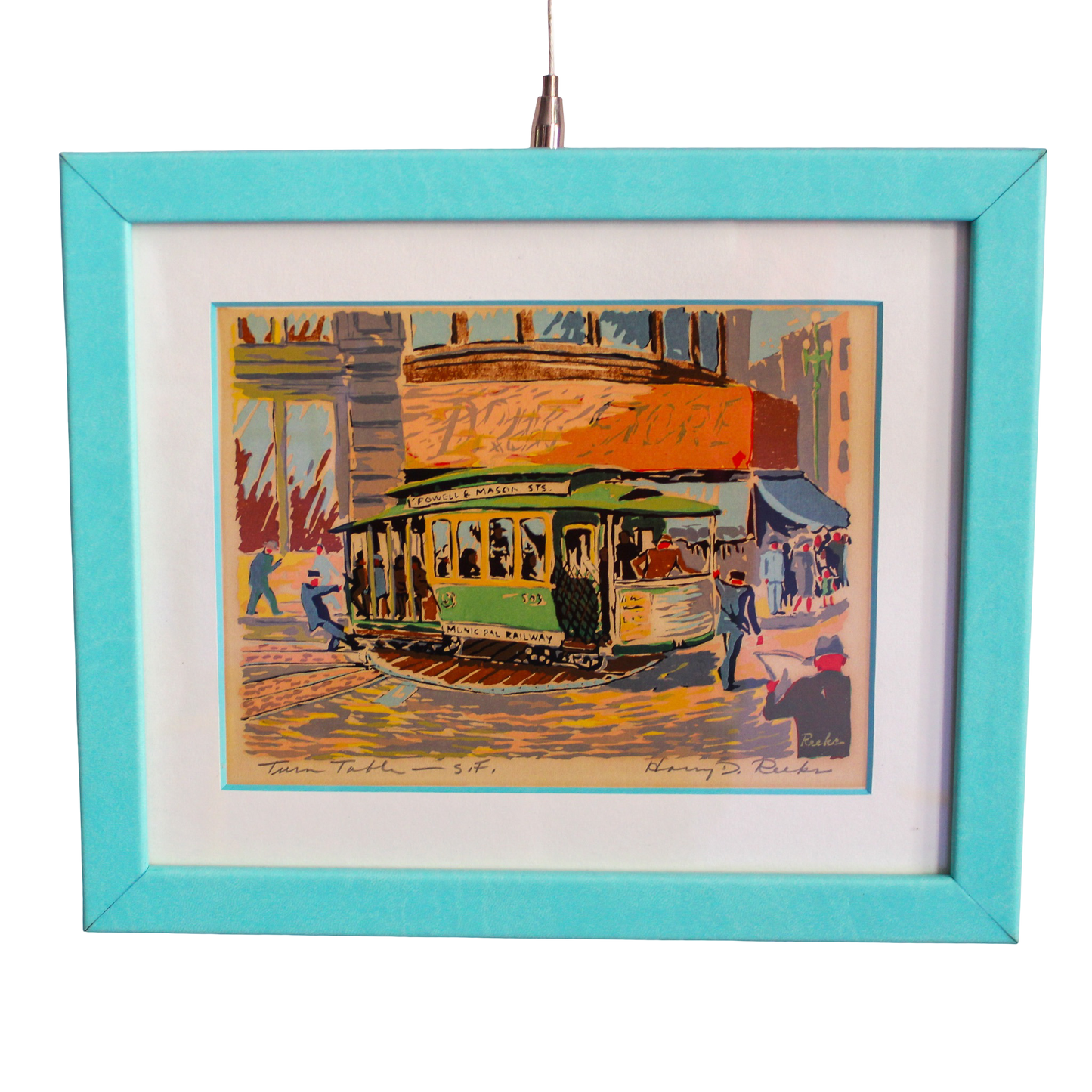Framed San Francisco Cable Car Lithograph - Powell & Mason Streets