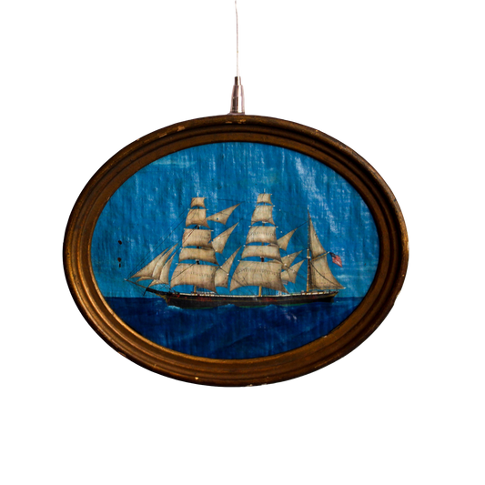 1800's Blue Oval Ship Painting
