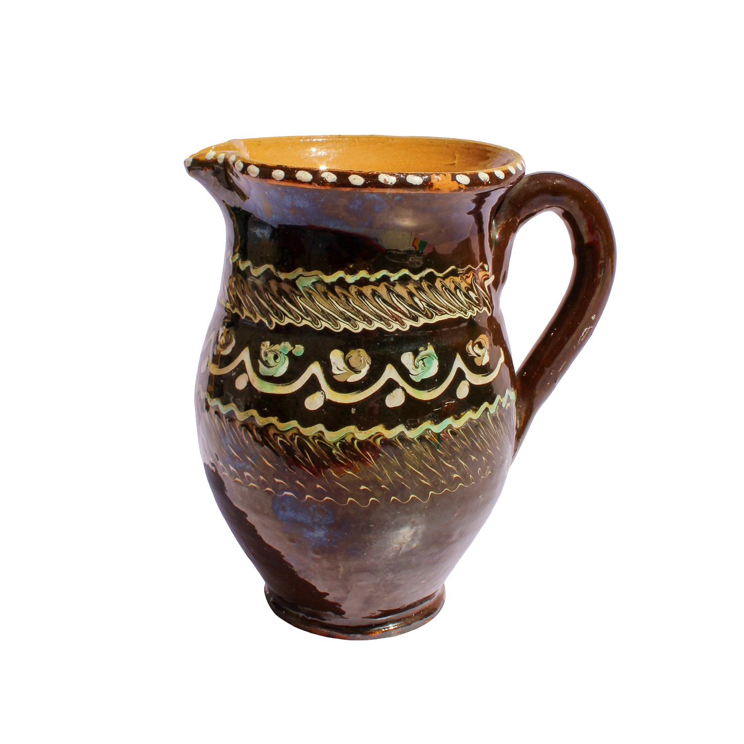 Alsace Brown French Pottery Jug with Green and White