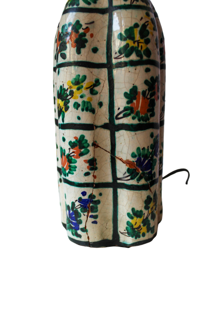 Vintage Ceramic Lamp with Floral Motifs and Striped Woven Lampshade