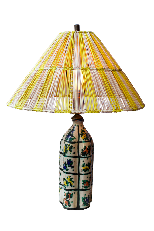 Vintage Ceramic Lamp with Floral Motifs and Striped Woven Lampshade
