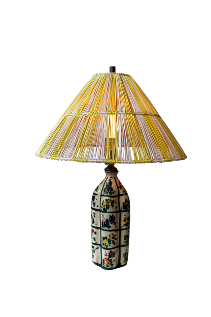 Vintage Ceramic Lamp with Floral Motifs and Striped Woven Lampshade