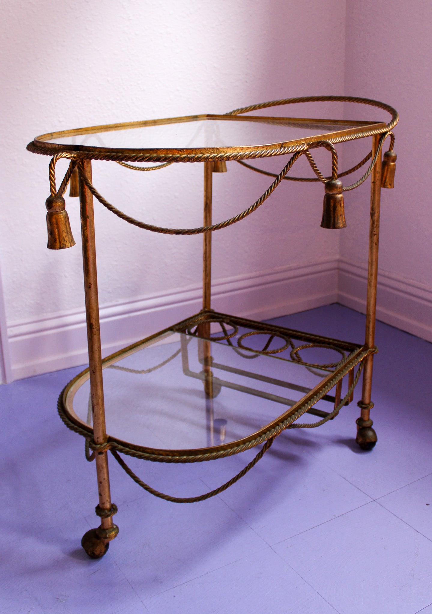 Mid Century Italian Rope & Tassel Bar Cart Drinks Trolley