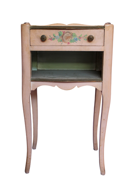 Antique Pink Floral Painted Bedside Tables - Set of 2