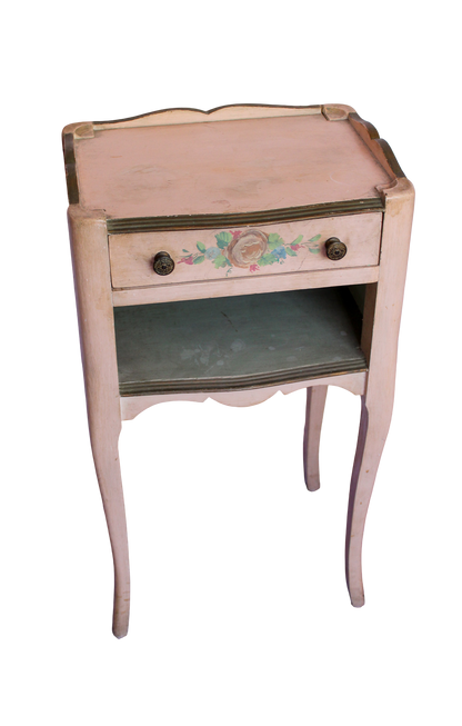 Antique Pink Floral Painted Bedside Tables - Set of 2