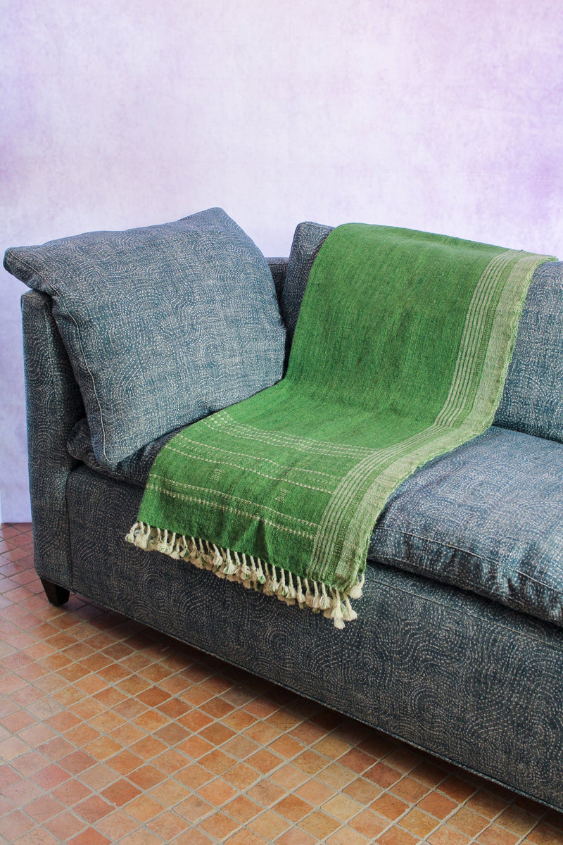 Indian Wool Blanket with Tassels, Large - Green