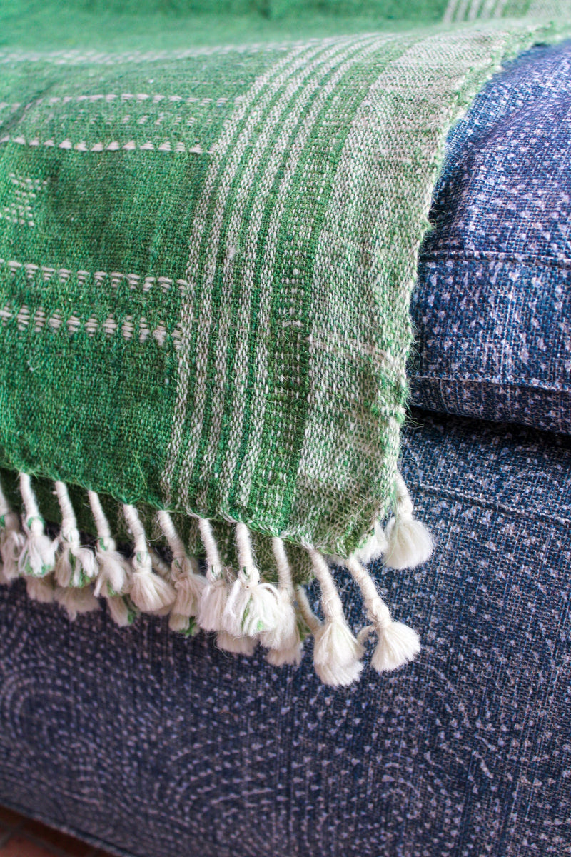 Indian Wool Blanket with Tassels, Large - Green