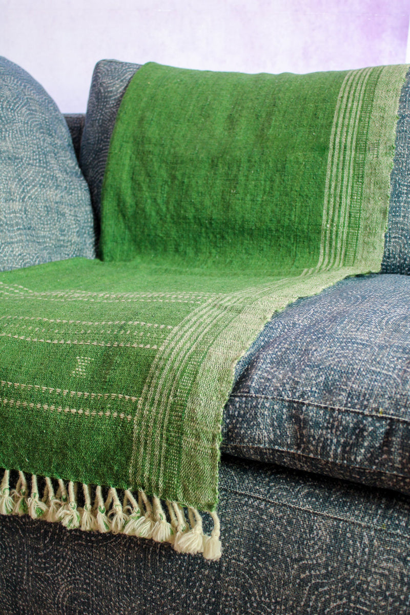 Indian Wool Blanket with Tassels, Large - Green