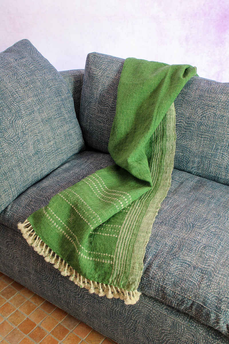 Indian Wool Blanket with Tassels, Large - Green