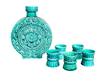 Mid-Century Aztec Calendar Bottle & 5 Shot Glasses