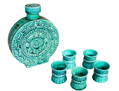 Mid-Century Aztec Calendar Bottle & 5 Shot Glasses