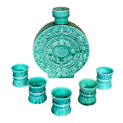 Mid-Century Aztec Calendar Bottle & 5 Shot Glasses