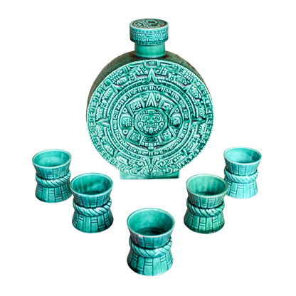 Mid-Century Aztec Calendar Bottle & 5 Shot Glasses