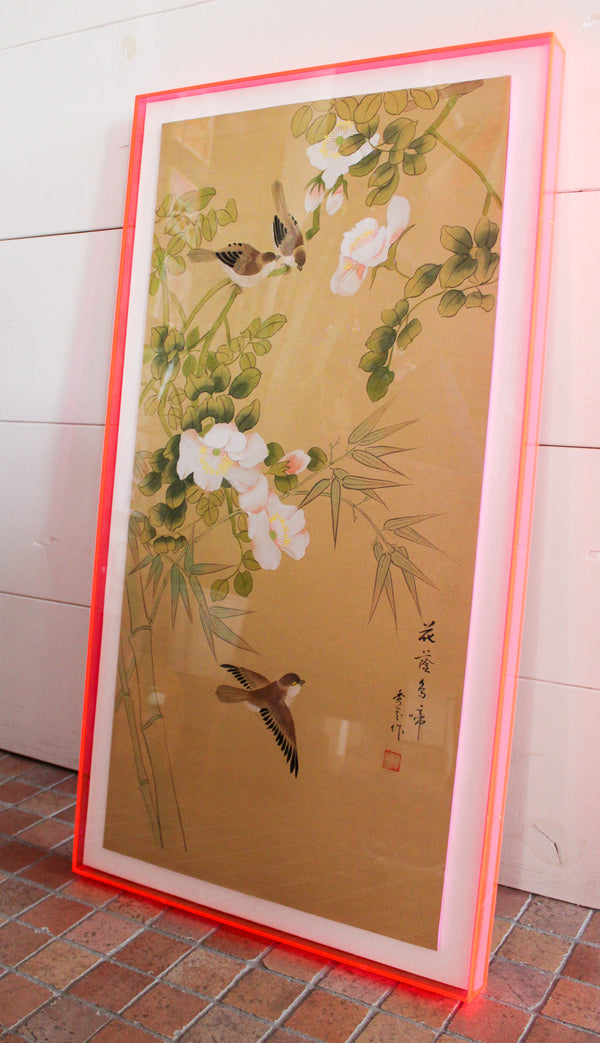 Framed Chinoiserie Vintage Silk Painting - Birds and Bamboo