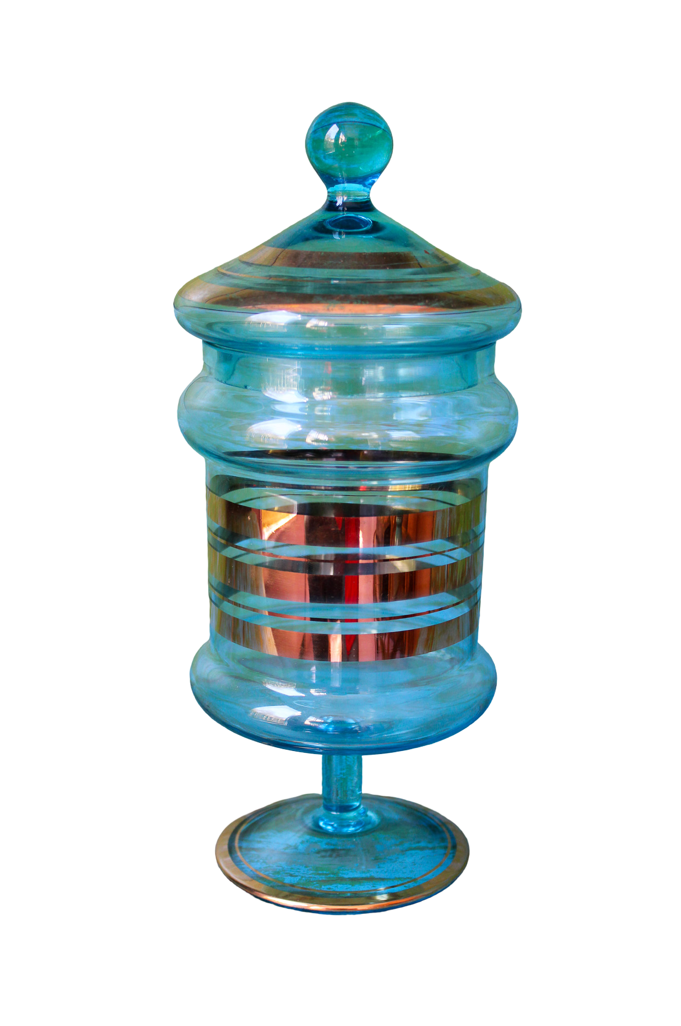 Blue Glass and Gold Stripe Candy Jar