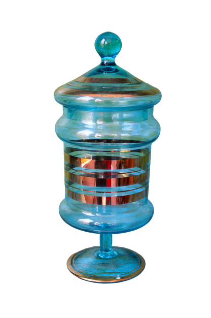 Blue Glass and Gold Stripe Candy Jar