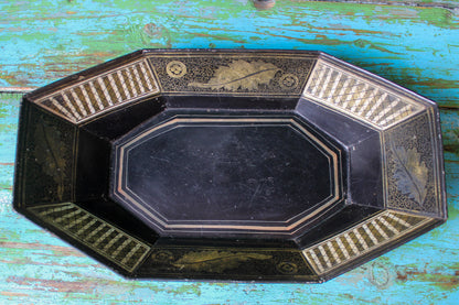 Black & Gold Toleware Oval Octagon Bowl