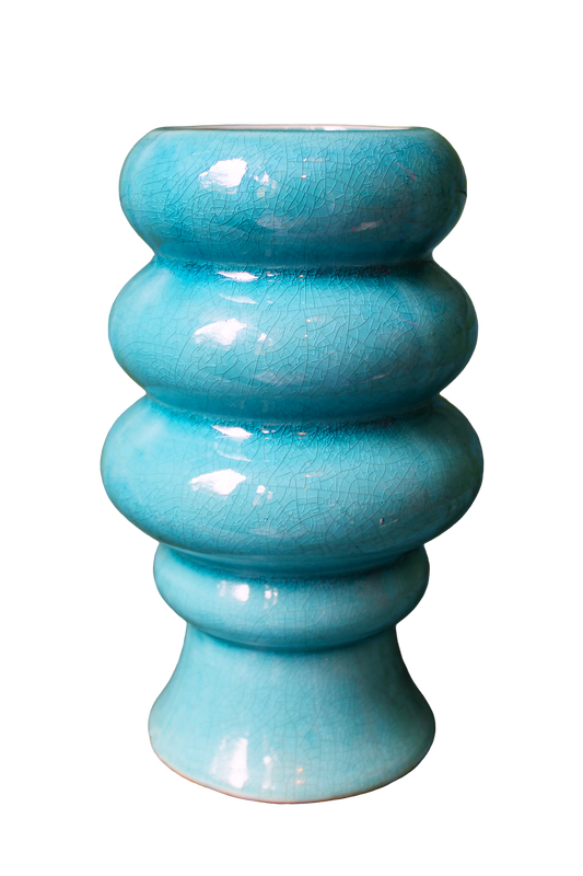 Turquoise Crackle Glaze Beehive Ribbed Ceramic Vase