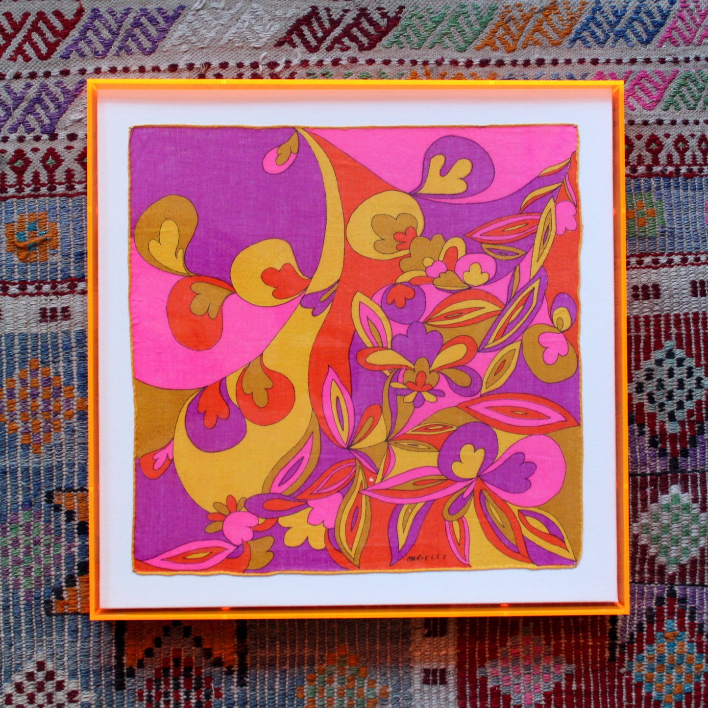 Framed Mid Century Handkerchief - "Psychedelic Floral"