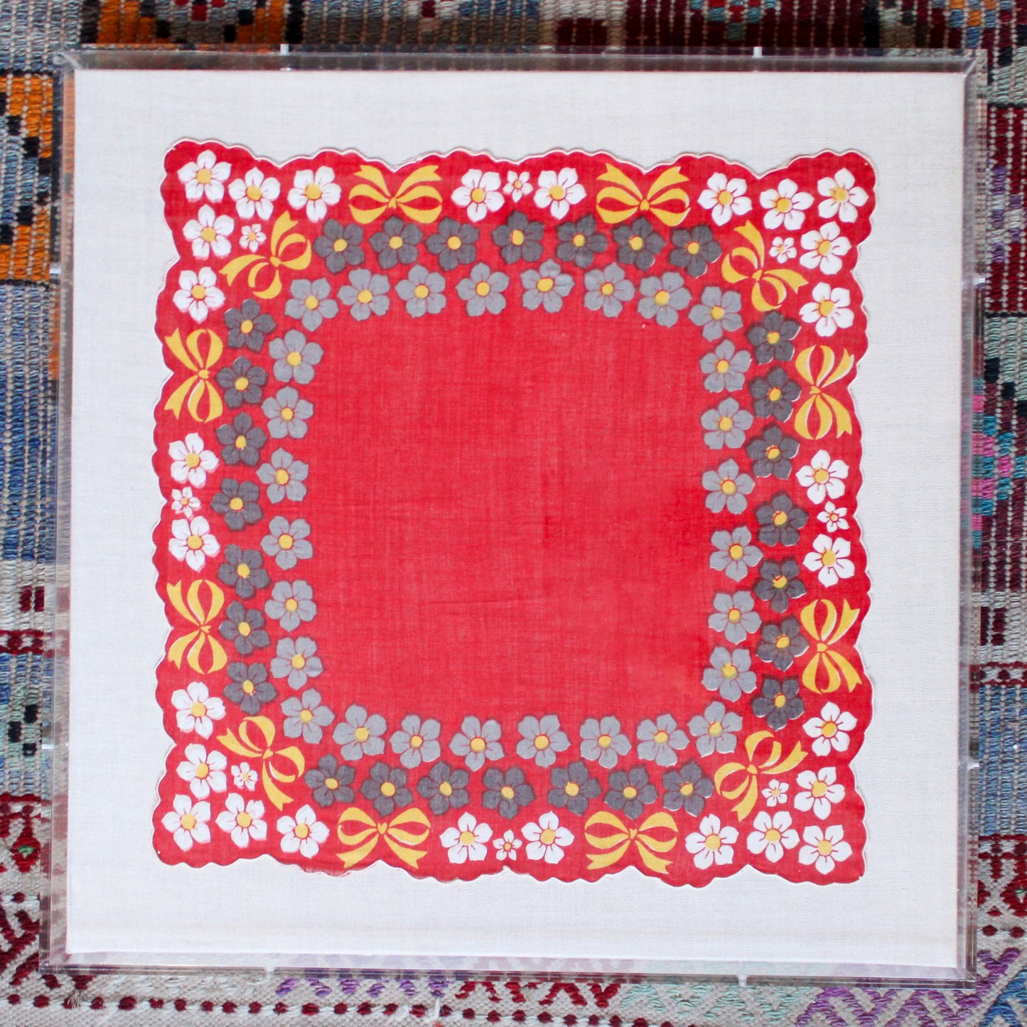 Framed Mid Century Handkerchief - "Bows & Flowers"