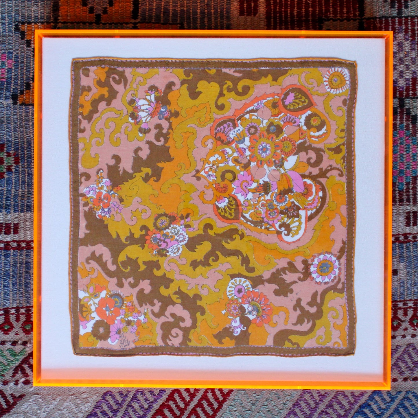 Framed Mid Century Handkerchief - "Pink & Brown Pasiley"