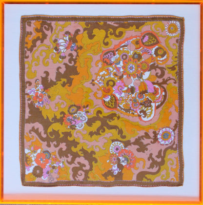 Framed Mid Century Handkerchief - "Pink & Brown Pasiley"