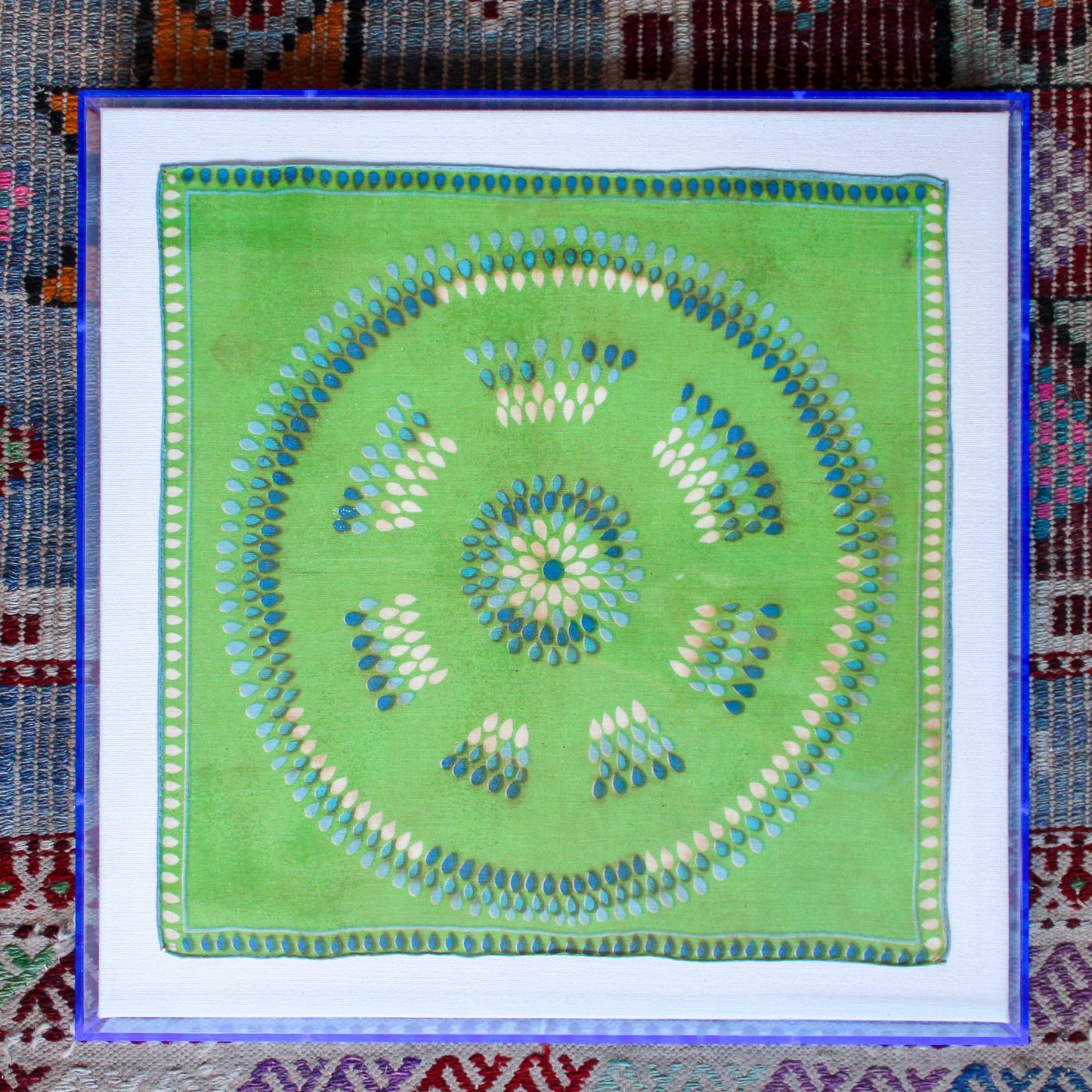 Framed Mid Century Handkerchief - Green & Blue Circle