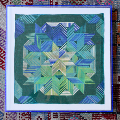 Framed Mid Century Handkerchief - "Blue & Green Geometric"