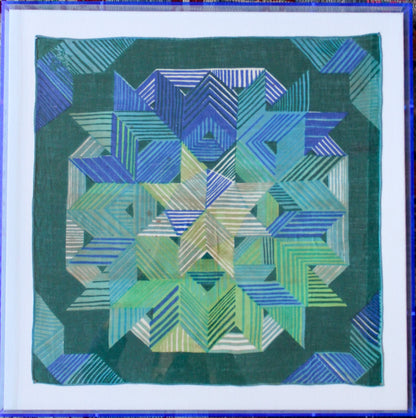Framed Mid Century Handkerchief - "Blue & Green Geometric"