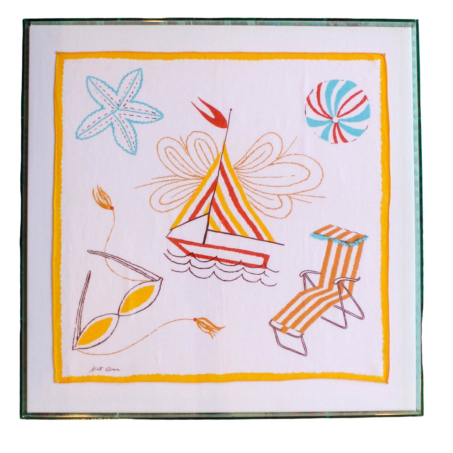 Framed Mid Century Handkerchief - "Day at the Beach"
