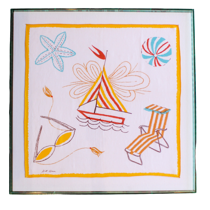 Framed Mid Century Handkerchief - "Day at the Beach"