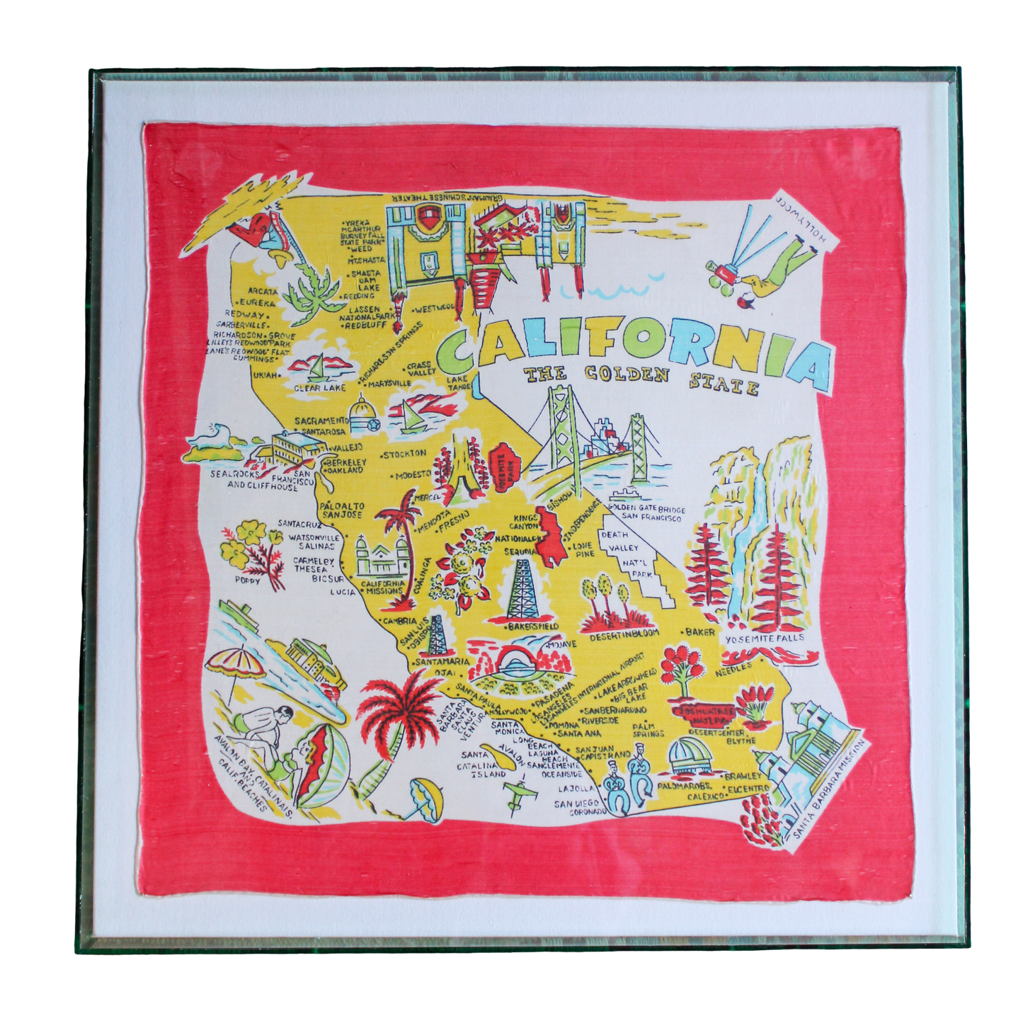 Framed Vintage Souvenir Scarf - California (Red Boarder)