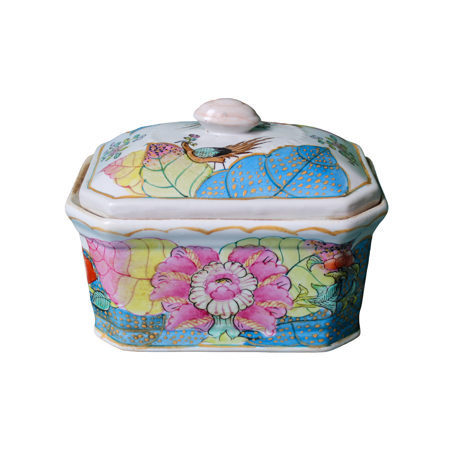 1960s Porcelain Chinoiserie Tobacco Leaf Lidded Box