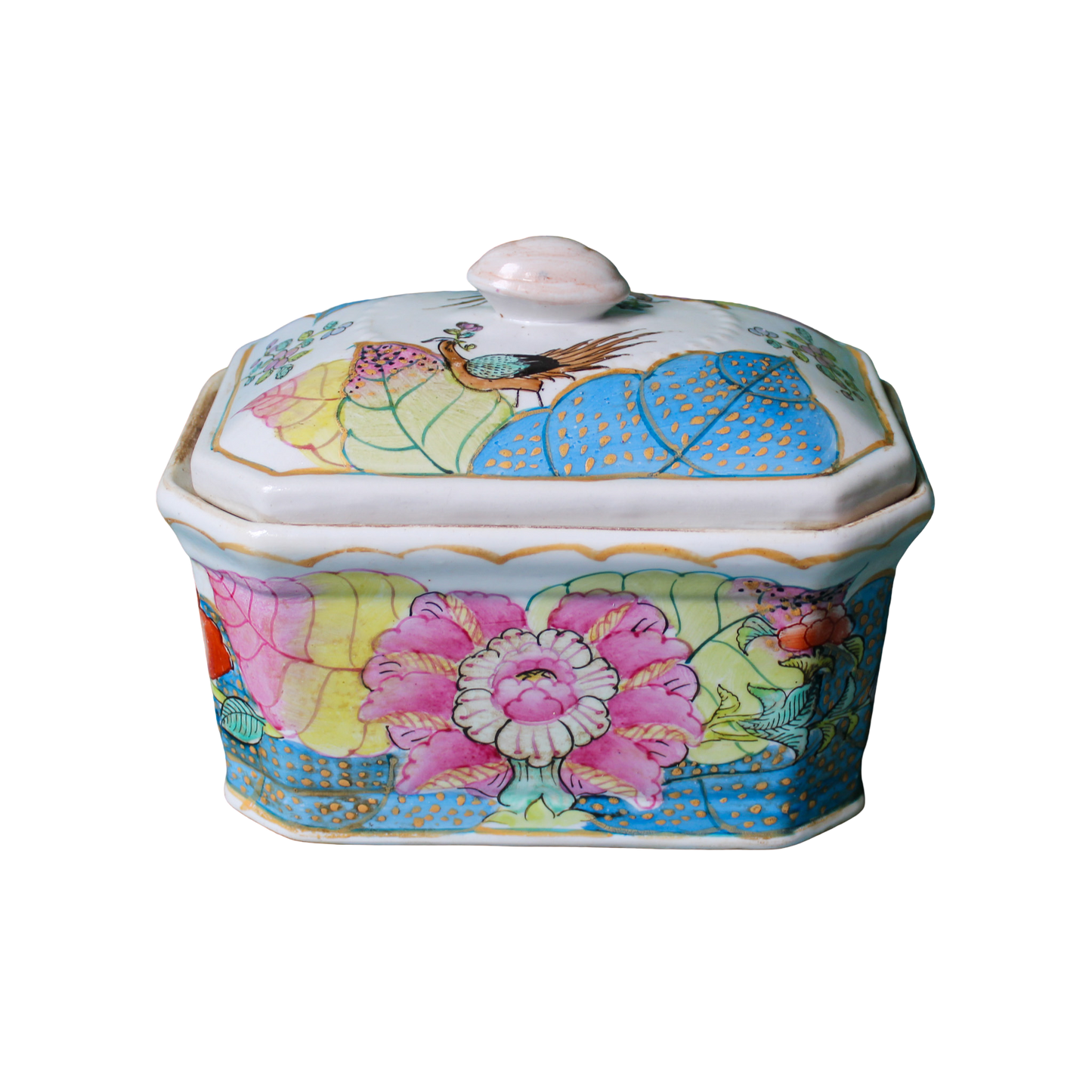 1960s Porcelain Chinoiserie Tobacco Leaf Lidded Box