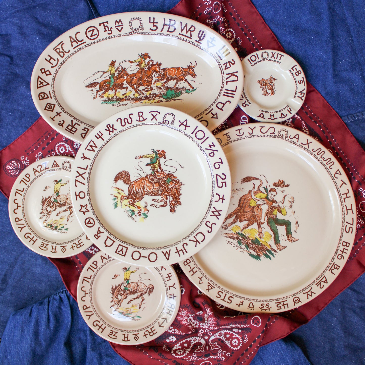 Original 1950s Wallace China Company "Westward Ho Rodeo" Dinnerware