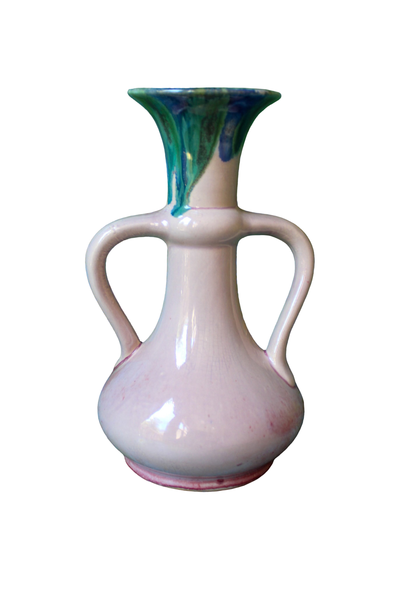 Pink Double-Handle Ceramic Vase with Blue/Green Detail