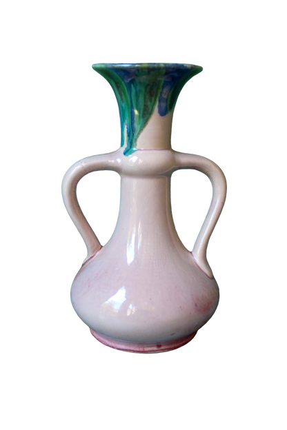 Pink Double-Handle Ceramic Vase with Blue/Green Detail